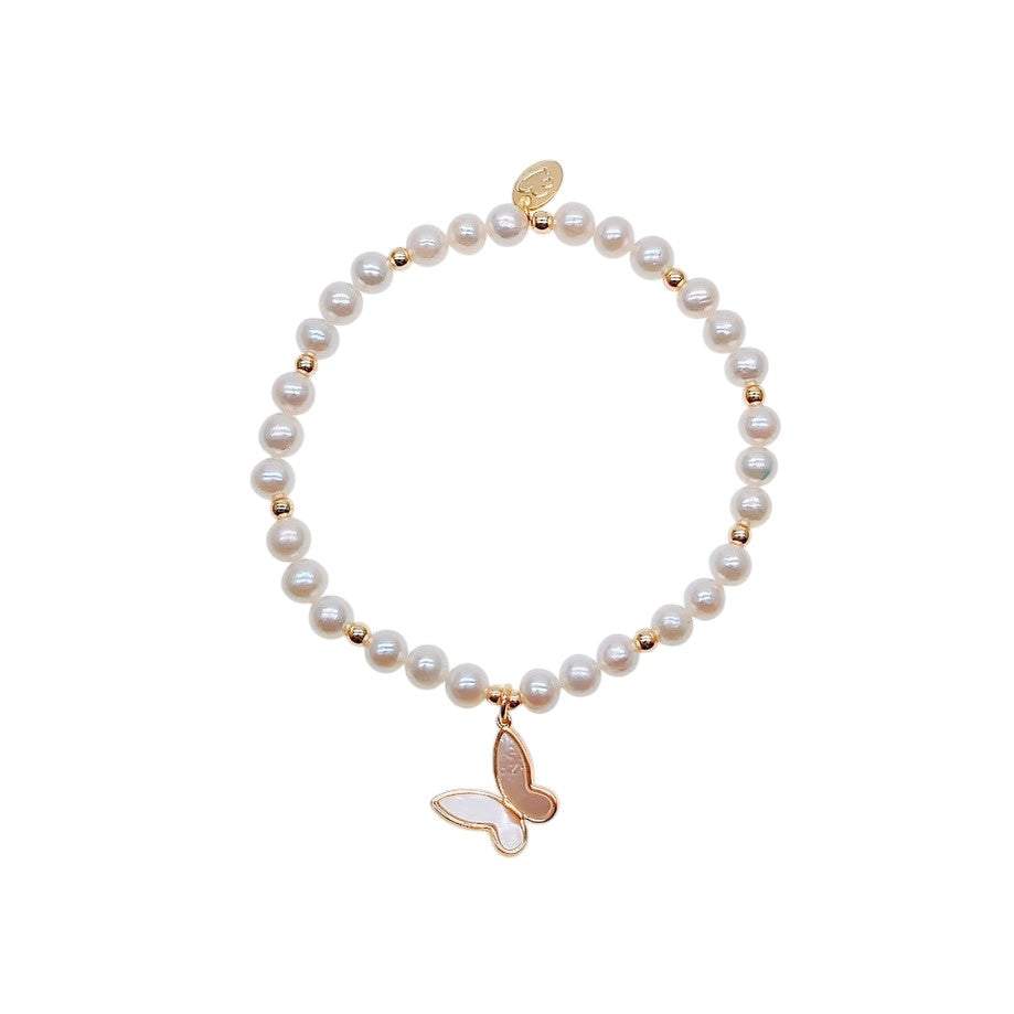Freshwater pearl bracelet with alternating gold beads and gold butterfly charm on elastic band