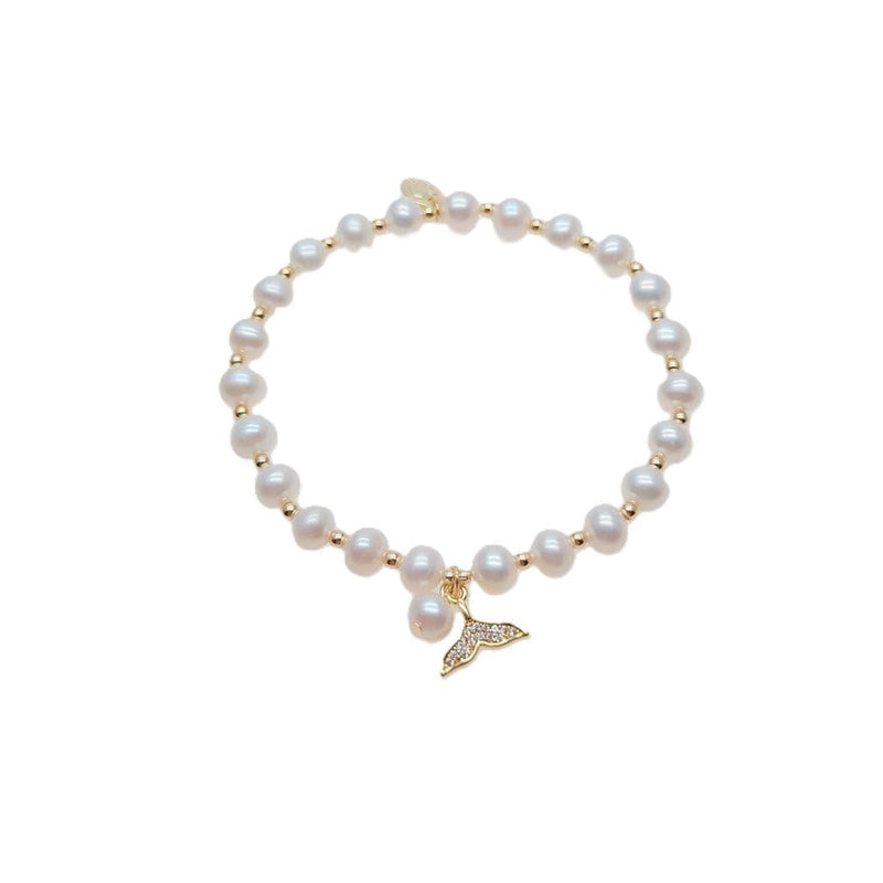 Freshwater Pearl Bracelet featuring round white pearls alternating with small gold beads and a gold mermaid tail charm centerpiece.