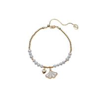 Freshwater Pearl Bracelet with white 4mm pearls, gold beads, and gold-plated ginkgo leaf and heart charms