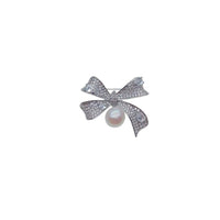 Ribbon Freshwater Pearl Brooch with cubic zirconia and rhodium plating, featuring a 9-10mm freshwater pearl
