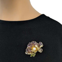 Gold plated flower freshwater pearl brooch with lilac enamel petals and cubic zirconia stones, featuring a 7mm button pearl