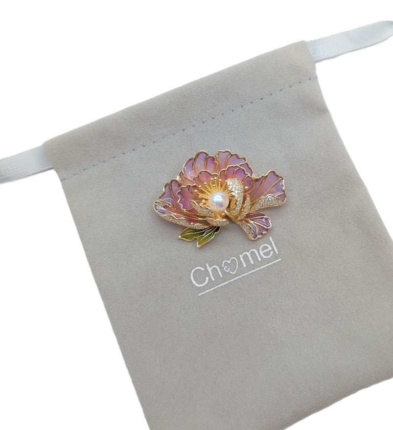 Gold plated Flower Freshwater Pearl Brooch with lilac enamel petals, cubic zirconia stones, and 7mm button pearl