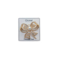 Gold plated Ribbon Freshwater Pearl Brooch with cubic zirconia and 7mm pearl, 4.5cm size