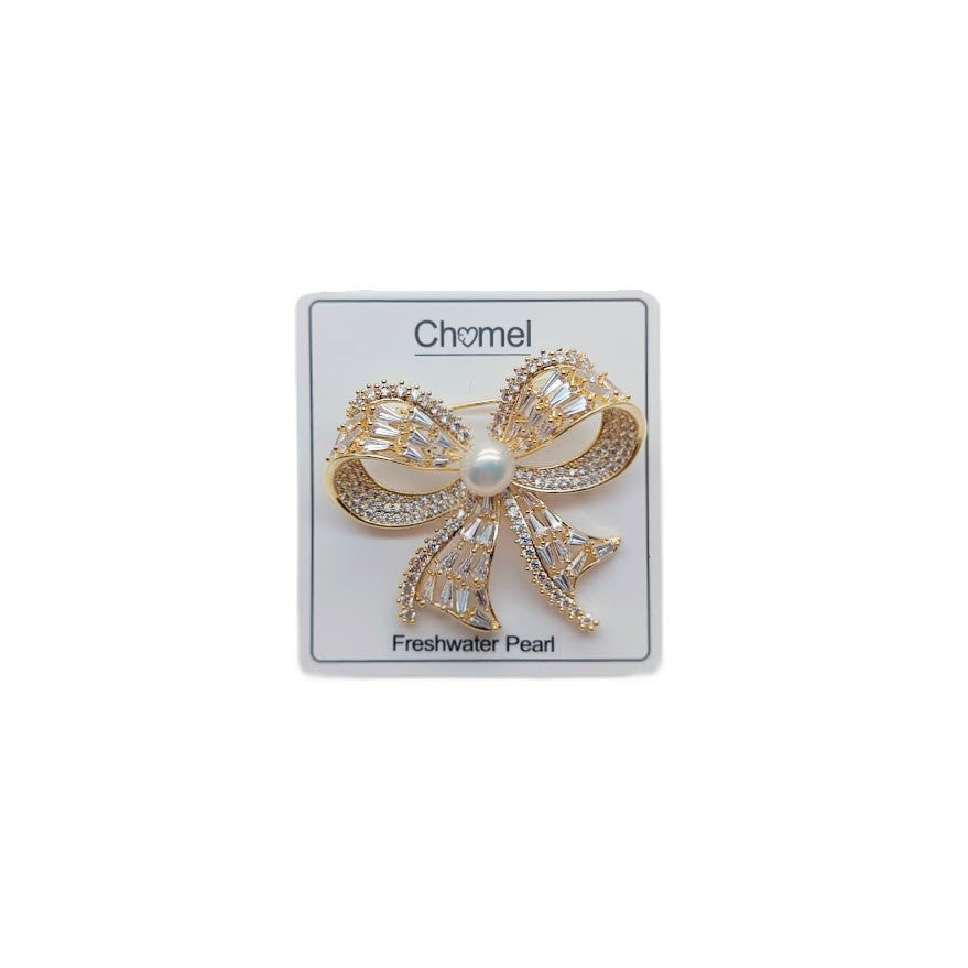 Gold plated Ribbon Freshwater Pearl Brooch with cubic zirconia and 7mm pearl, 4.5cm size