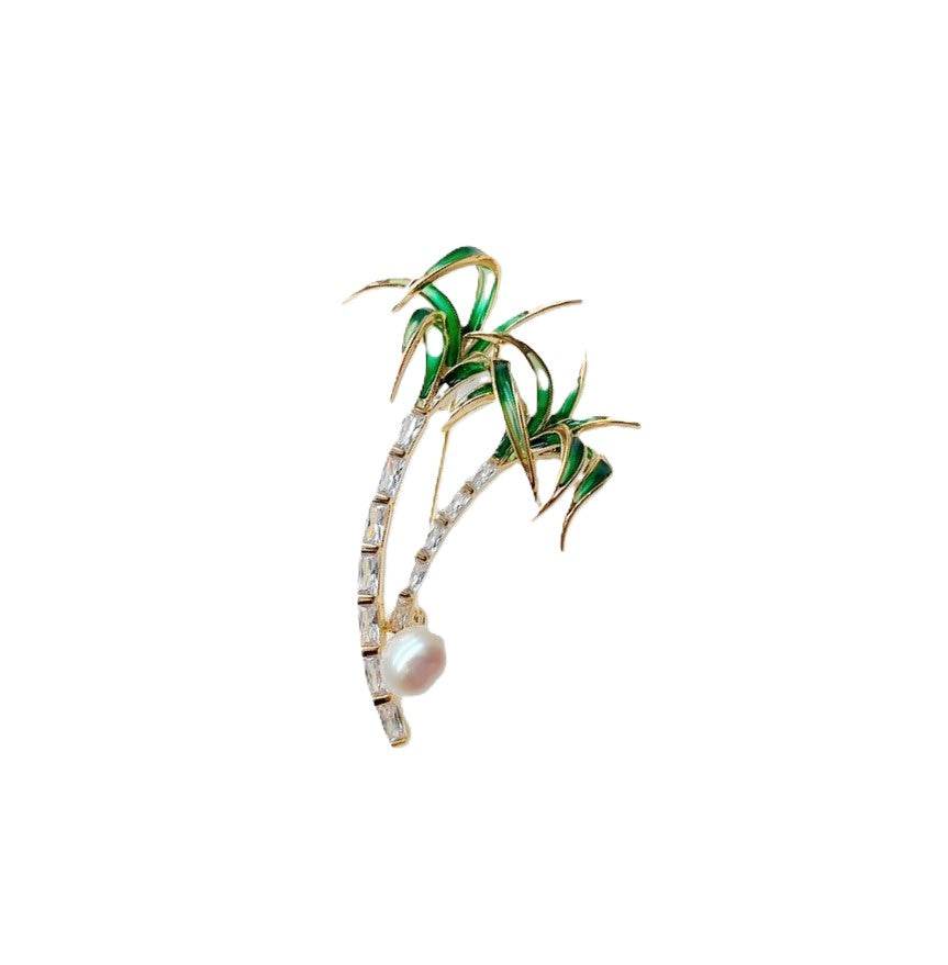 Gold-plated Palm Trees Freshwater Pearl Brooch with cubic zirconia, green enamel leaves, and 8mm button pearl