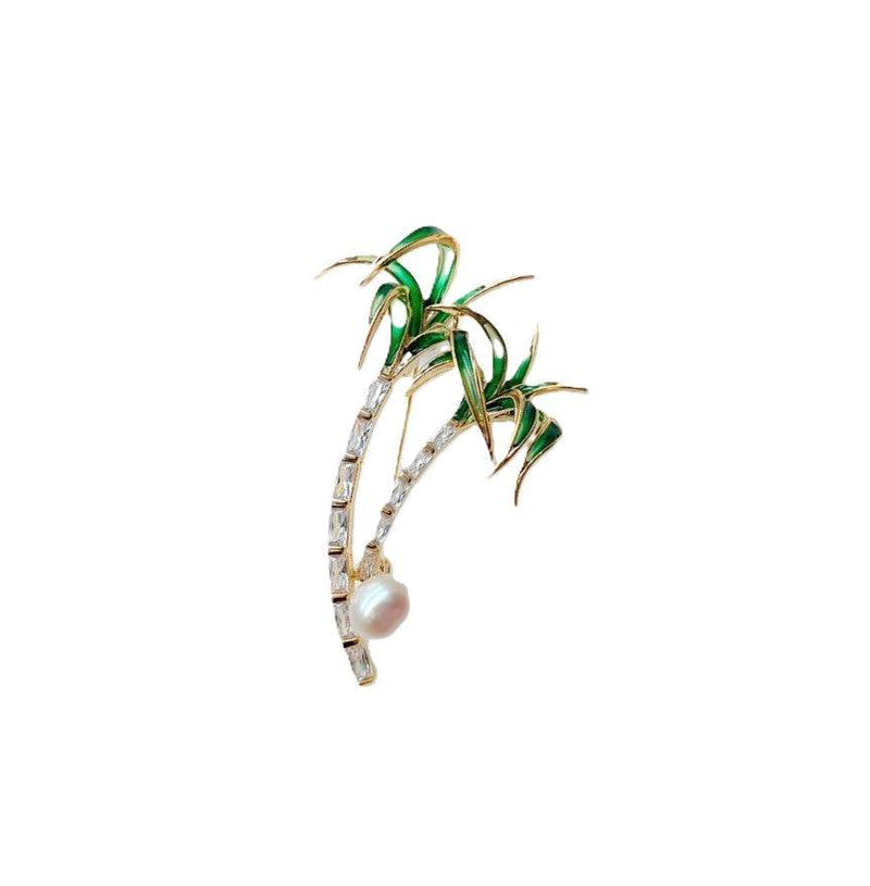 Gold-plated Palm Trees Freshwater Pearl Brooch with cubic zirconia, green enamel leaves, and 8mm button pearl