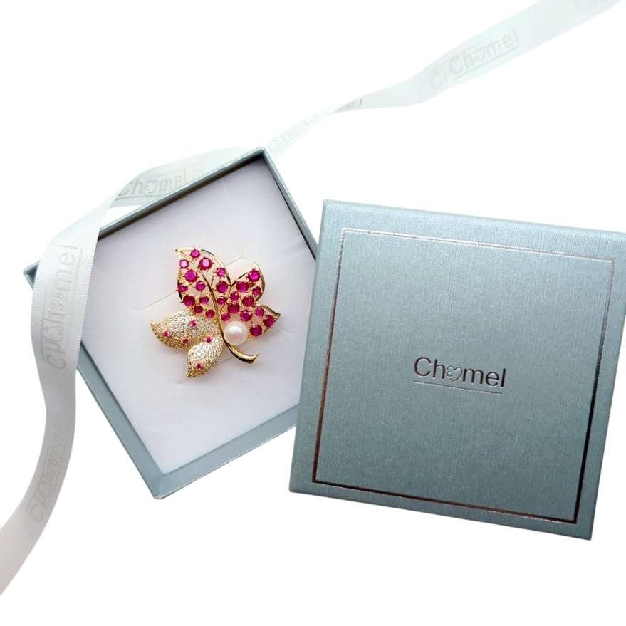 Gold plated flower freshwater pearl brooch with cubic zirconia and red stone maple leaf design
