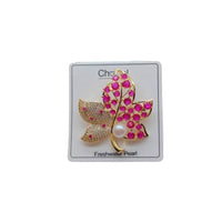 Gold-plated flower freshwater pearl brooch with cubic zirconia and red stone maple leaf design