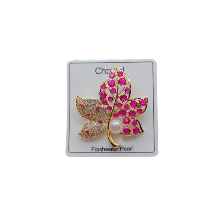 Gold-plated flower freshwater pearl brooch with cubic zirconia and red stone maple leaf design