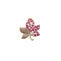 Gold plated flower freshwater pearl brooch with cubic zirconia and red stones, 8mm pearl, 4.2x4.5cm size