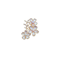 Flower Freshwater Pearl Brooch with three white translucent petal flowers, round pearl centers, gold-tone outlines and crystal leaf accents.