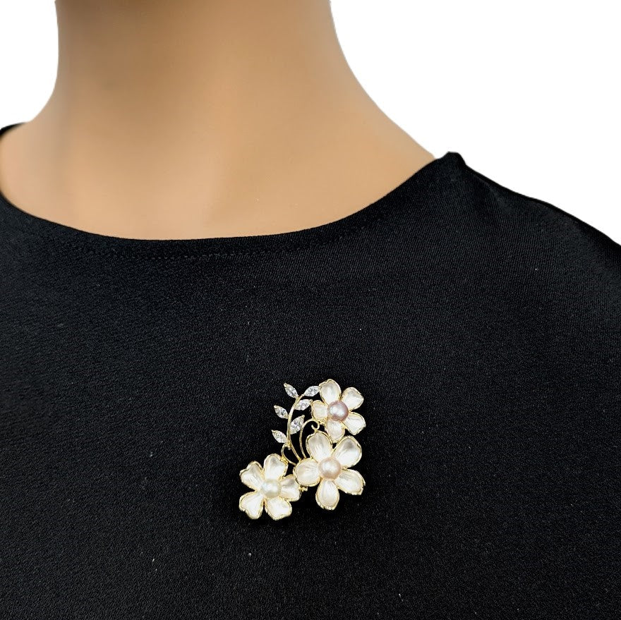 Flower Freshwater Pearl Brooch in gold-tone metal, featuring clustered white flowers with pearl-like centers and sparkling accents.
