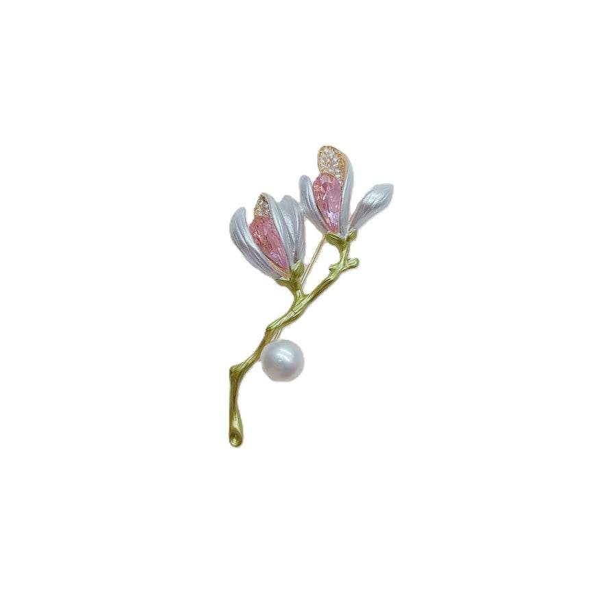 Flower Freshwater Pearl Brooch with gold-tone branch, light gray enamel petals, pink jeweled buds and a round white pearl.