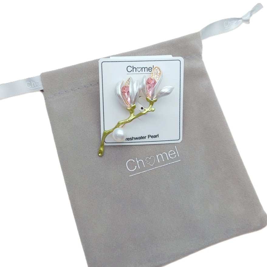 Flower Freshwater Pearl Brooch with pale pink and silver enamel petals, crystal accents, gold-tone stem and pearl centre