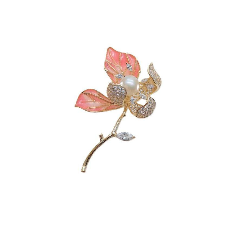 Flower Freshwater Pearl Brooch in gold-tone metal, with pink enamel petals, crystal-studded leaves, and a central pearl.
