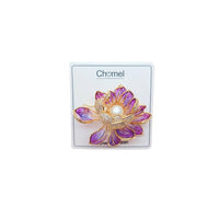 Flower Freshwater Pearl Brooch with purple enamel petals, gold-tone edges, sparkling crystal accents and a central white pearl.
