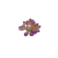 Flower Freshwater Pearl Brooch in purple enamel with gold-tone petal outlines, sparkling accents, and a central pearl.