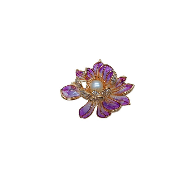 Flower Freshwater Pearl Brooch in purple enamel with gold-tone petal outlines, sparkling accents, and a central pearl.