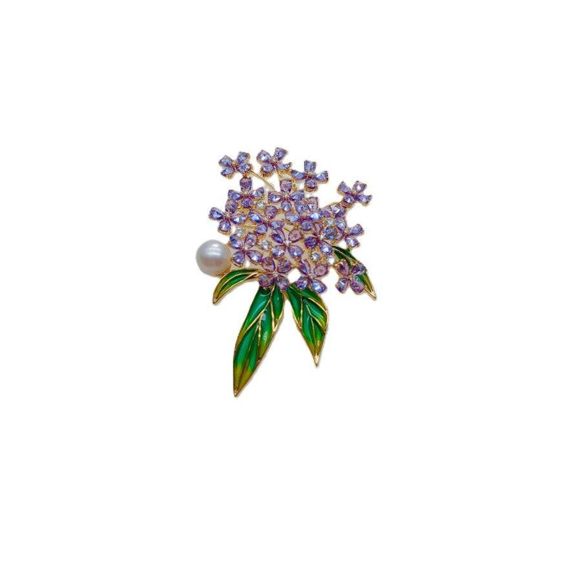 Flower Freshwater Pearl Brooch with purple crystal flower cluster, glossy green enamel leaves, gold-tone details and a white pearl accent.