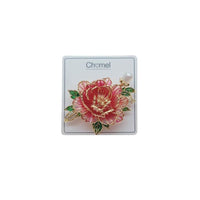 Flower Freshwater Pearl Brooch with a red enamel flower, green jeweled leaves, gold-tone details and a white pearl.
