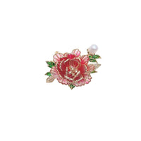 Flower Freshwater Pearl Brooch with red and pink enamel petals, green leaves, gold-tone details and a dangling white pearl.