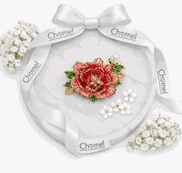 Flower Freshwater Pearl Brooch with a layered red enamel flower, green leaves, gold-tone detailing and a pink pearl accent.