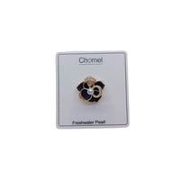 Gold plated flower freshwater pearl brooch with enamel petals and a central 4-5mm pearl, 2cm diameter.