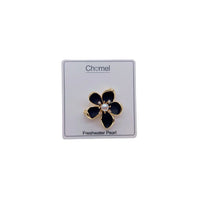 Gold plated flower freshwater pearl brooch with black enamel petals and 5mm pearl center, 2.5cm x 2.6cm size