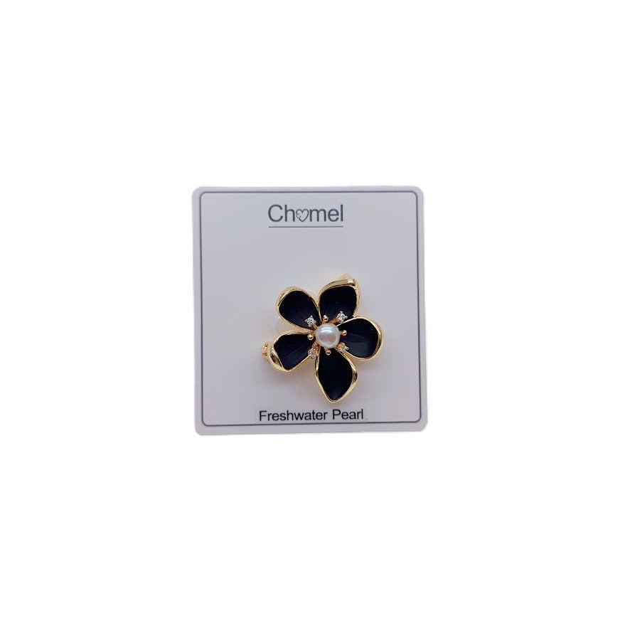 Gold plated flower freshwater pearl brooch with black enamel petals and 5mm pearl center, 2.5cm x 2.6cm size
