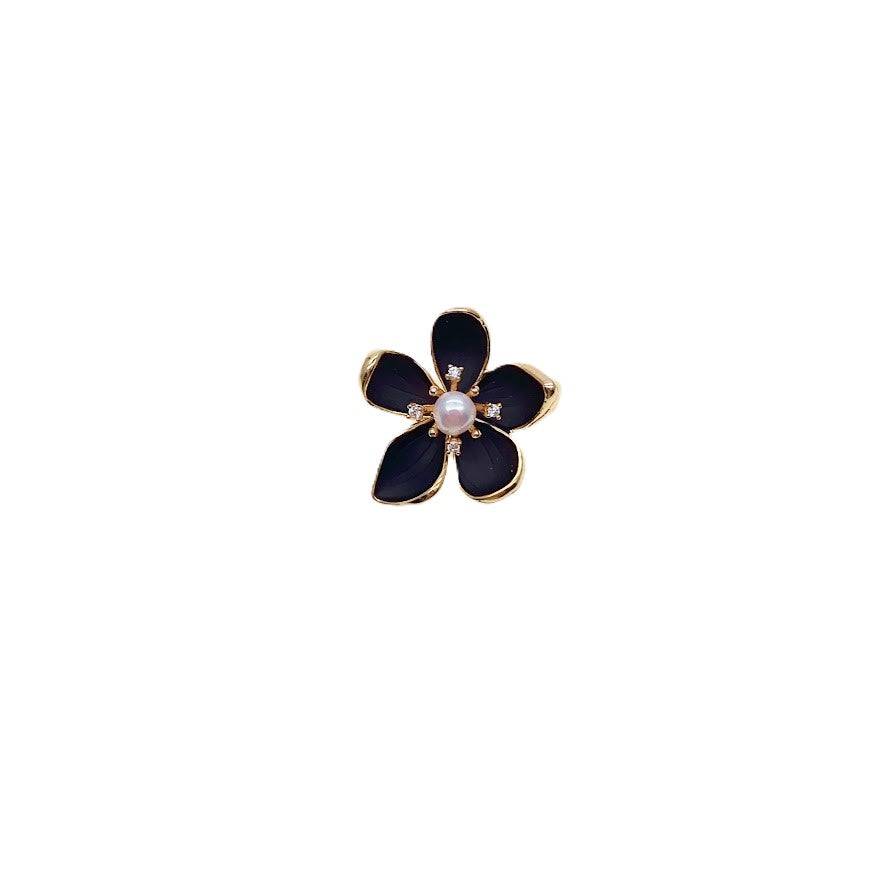 Gold plated flower freshwater pearl brooch with black enamel and 5mm freshwater pearl center, 2.5cm x 2.6cm size