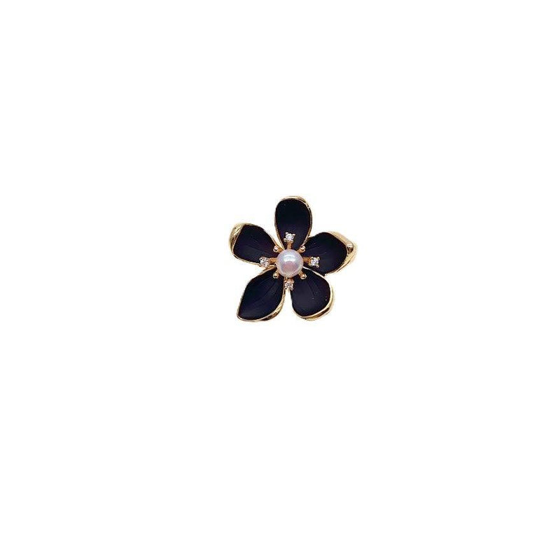 Gold plated flower freshwater pearl brooch with black enamel and 5mm freshwater pearl center, 2.5cm x 2.6cm size