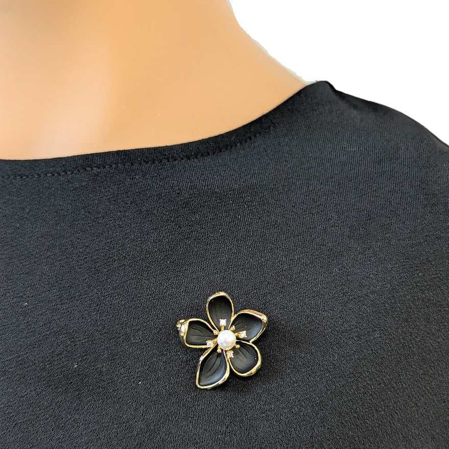 Gold plated black enamel flower freshwater pearl brooch with 5mm pearl center and C clasp closure