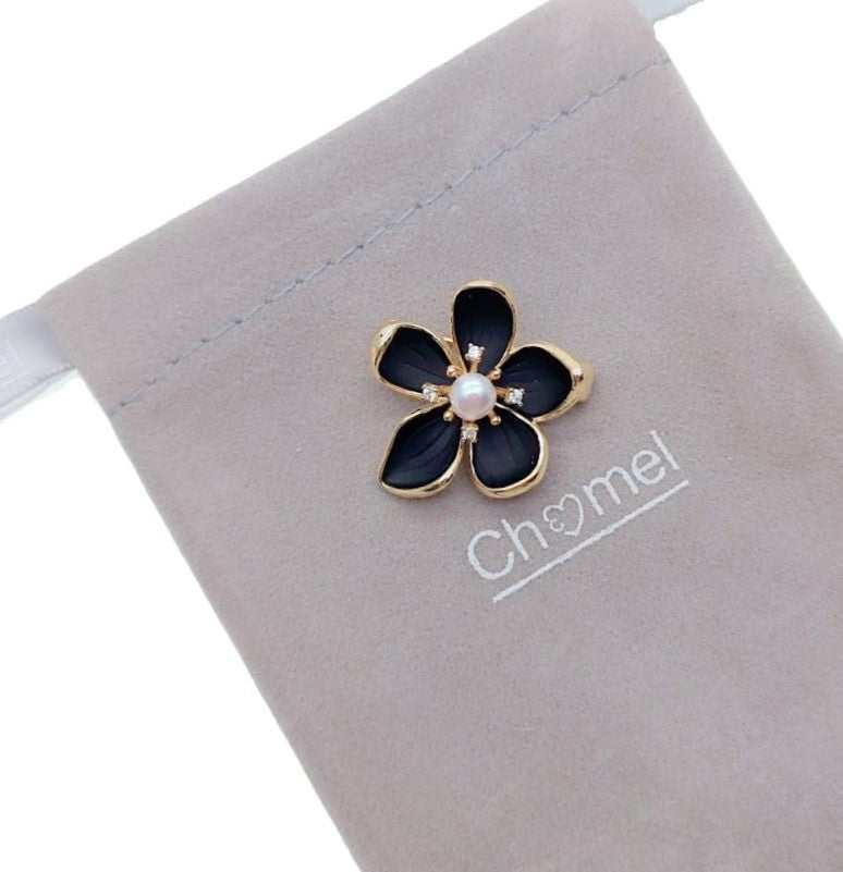 Gold plated flower freshwater pearl brooch with black enamel petals and central 5mm pearl, 2.5cm x 2.6cm size