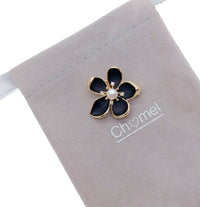 Gold plated flower freshwater pearl brooch with black enamel petals and central 5mm pearl, 2.5cm x 2.6cm size