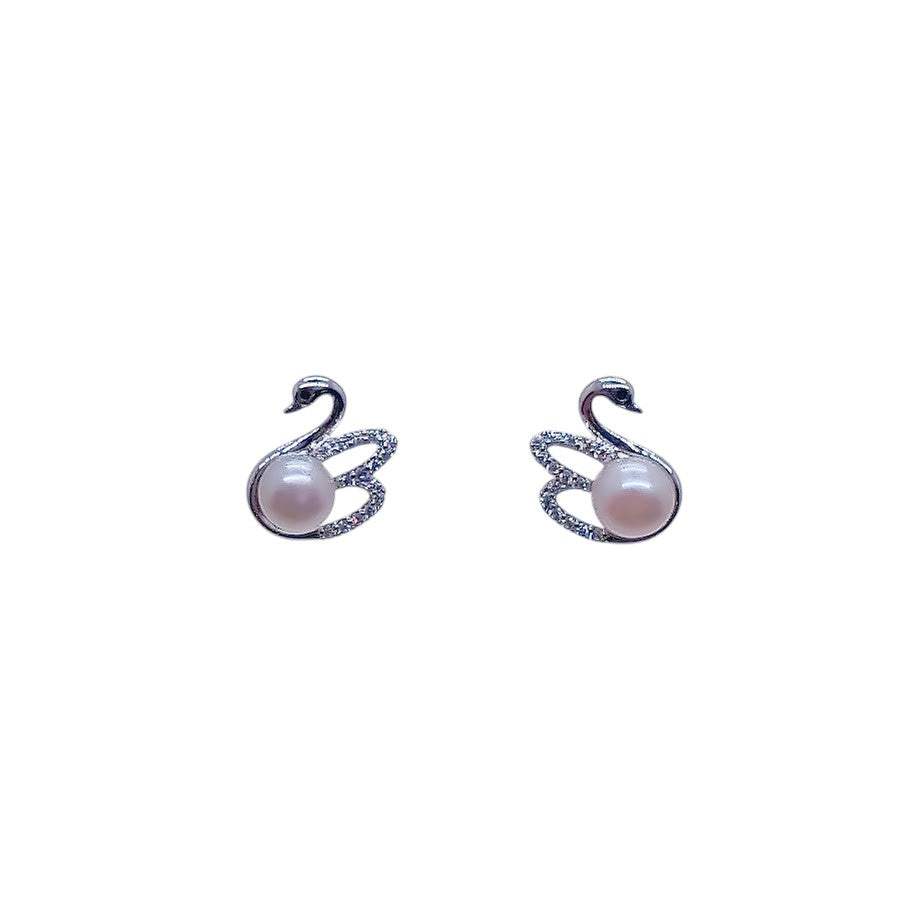 Freshwater pearl earrings with 5mm button pearls and cubic zirconia swan silver studs, rhodium plated finish