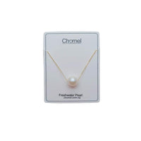 Freshwater Pearl Necklace with a single lustrous white pearl on a delicate gold plated chain displayed on a white card.