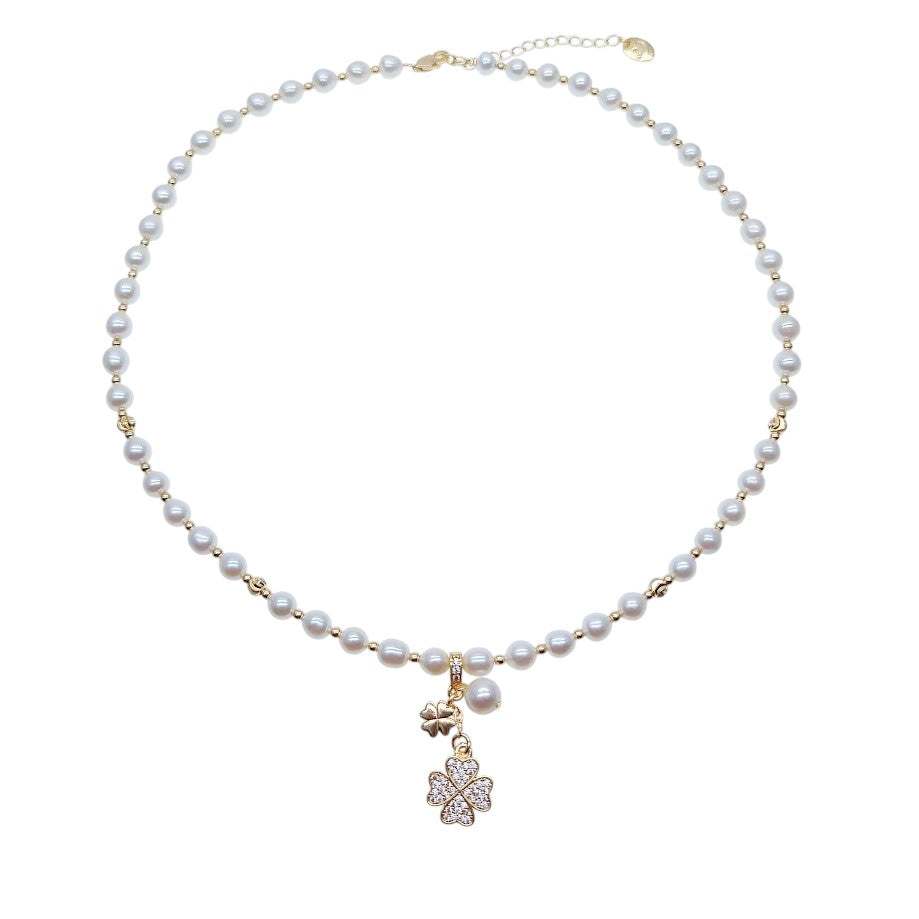 Freshwater pearl necklace with gold beads and four-leaf clover charms, 17-inch adjustable length