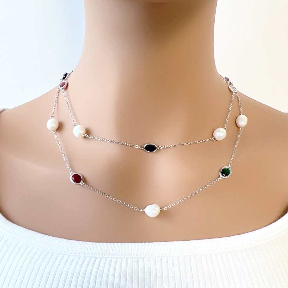 Freshwater Pearl Rhodium Chain necklace in silvery metal, with irregular white pearls and black, red and green oval stones.