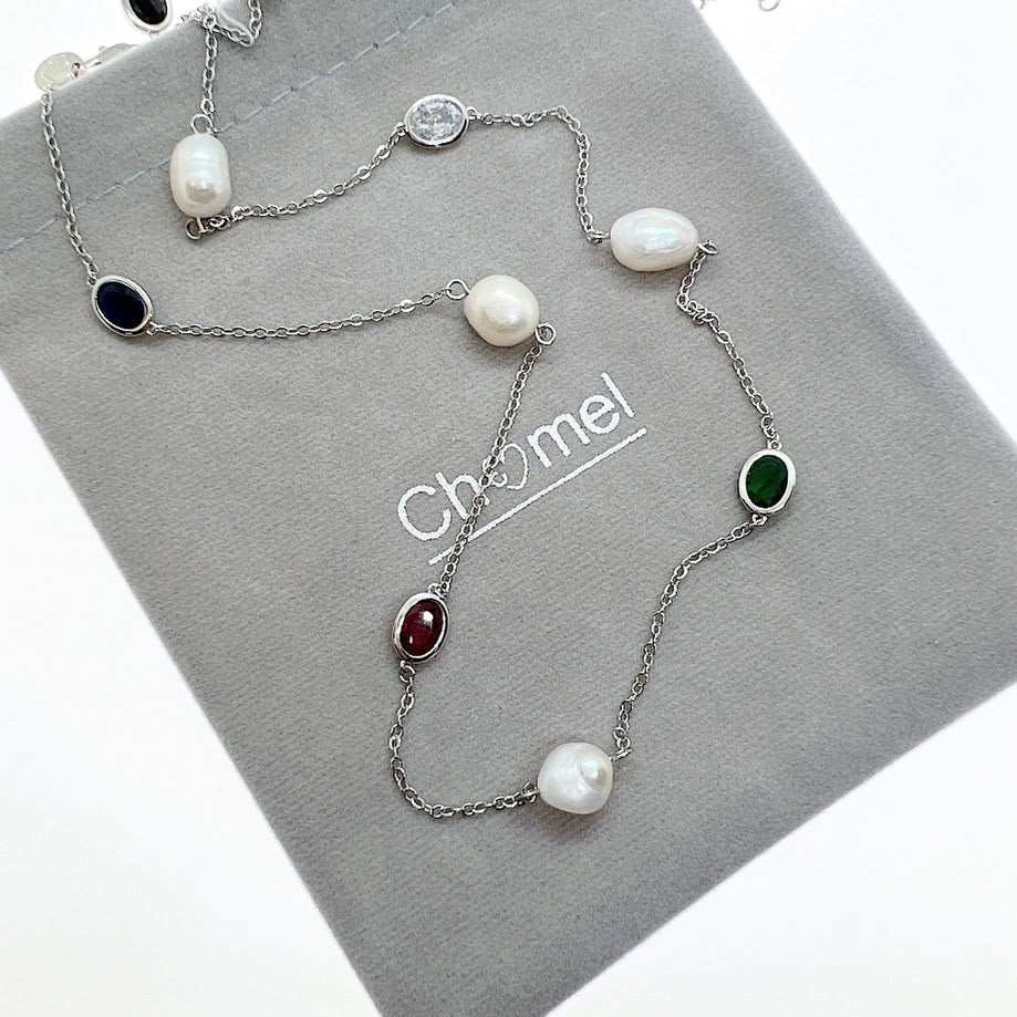 Freshwater Pearl Rhodium Chain necklace with silver-tone links, irregular white pearls and oval coloured stones.