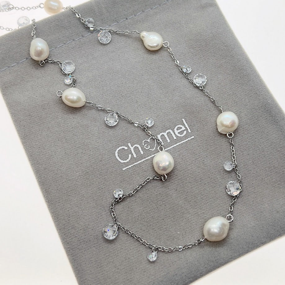 Freshwater Pearl Rhodium Chain Necklace - CHOMEL