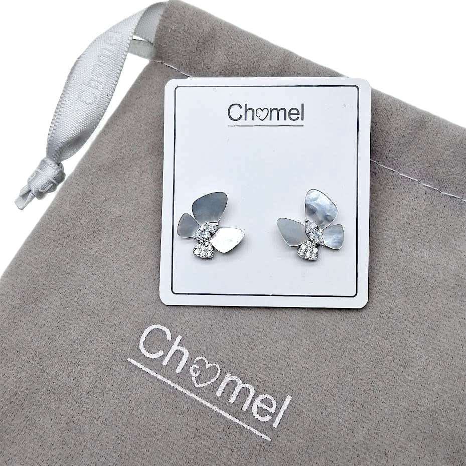 Butterfly Mother of Pearl Earrings with cubic zirconia studs and rhodium plating