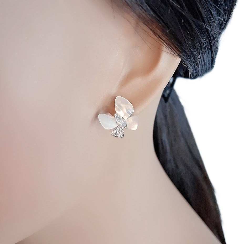 Butterfly Mother of Pearl Earrings with cubic zirconia and rhodium plating, 14x14mm, hypoallergenic studs