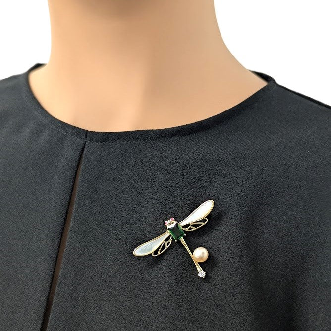 Dragonfly Mother Of Pearl & Freshwater Pearl Brooch - CHOMEL