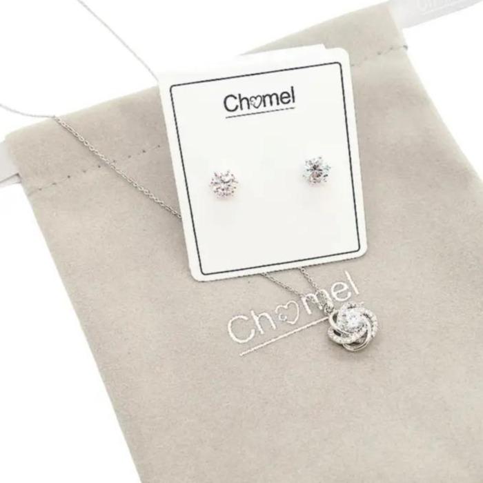 Flower Cubic Zirconia Pendant With Stud Earring Set