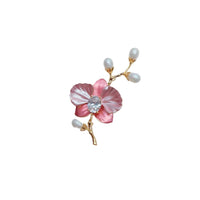 Flower Freshwater Pearl Brooch with pink enamel petals, a clear central crystal, and white teardrop pearls on a gold-tone twig.