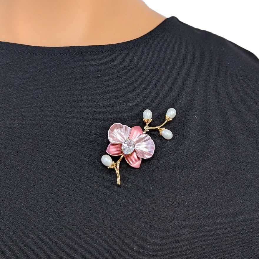 Flower Freshwater Pearl Brooch with pink enamel petals, white pearl-tipped gold-tone twig and sparkling flower centre.