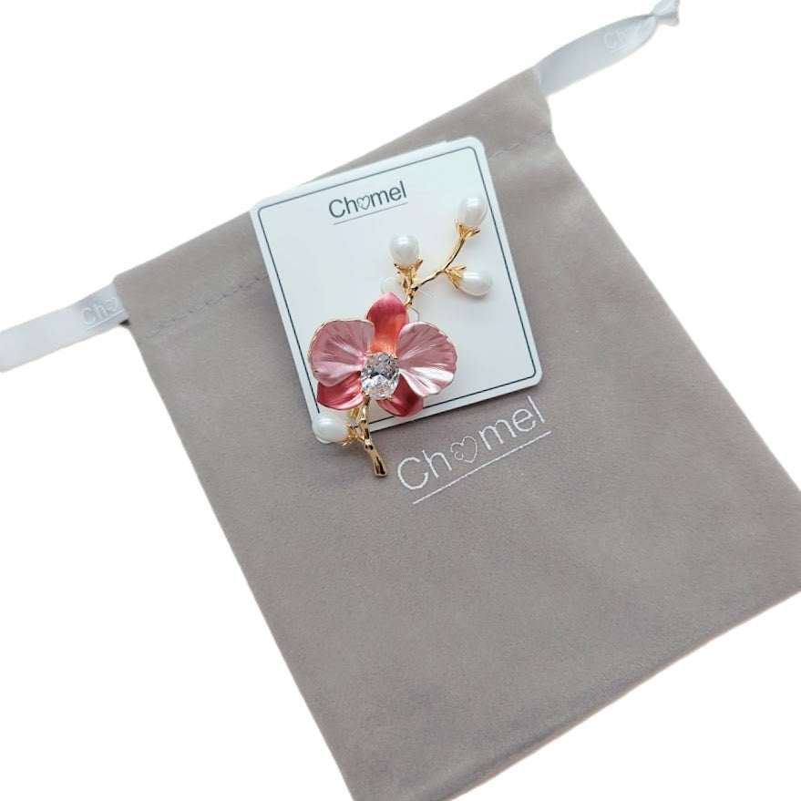 Flower Freshwater Pearl Brooch with a pink enamel bloom, crystal centre, white teardrop pearls and gold-tone branch.
