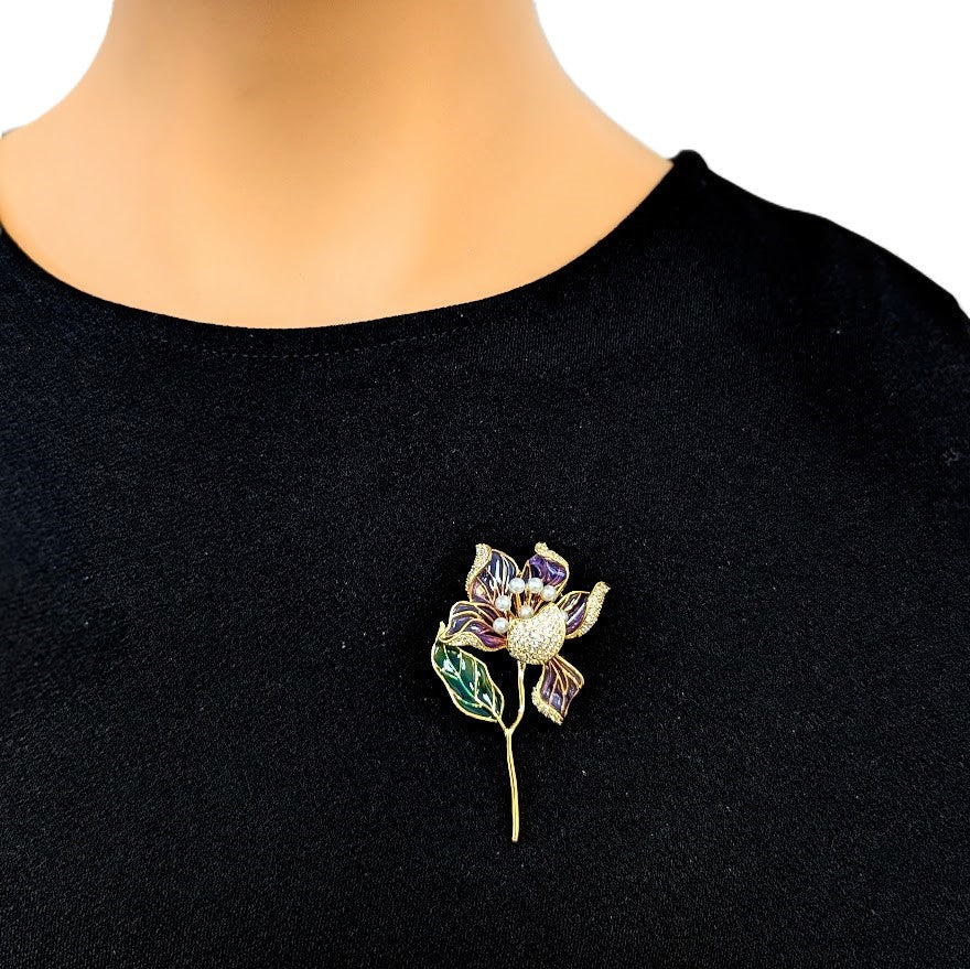 Flower Freshwater Pearl Brooch with purple and green enamel petals, a cluster of simulated pearls, and a gold-tone stem.