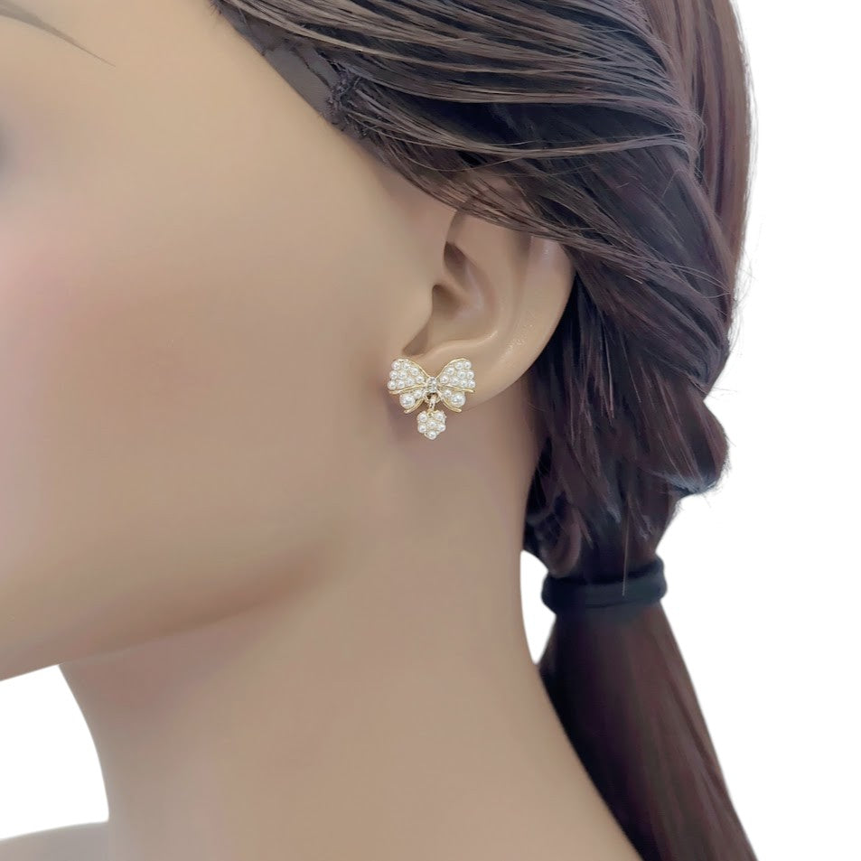 Ribbon Simulated Pearl Stud Earrings - CHOMEL