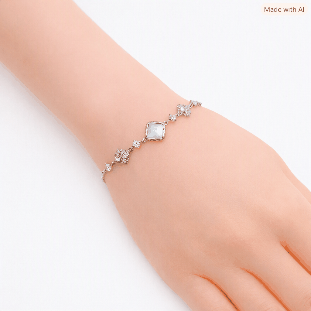 Cubic Zirconia Tennis Bracelet with a silver-toned chain, square center stone and sparkling floral accents